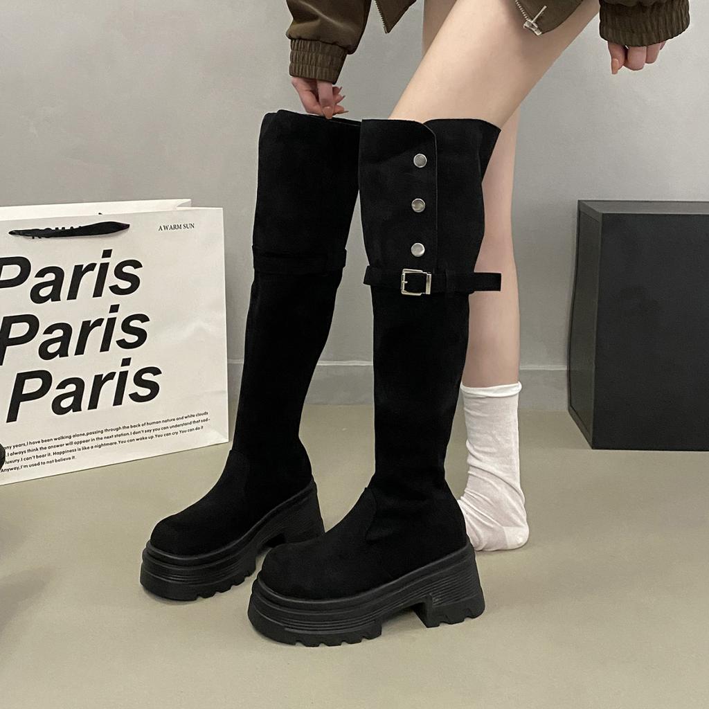 British style two wearing knight boots women's spring and autumn new thick-soled thick-heeled knight boots belt buckle knee boots