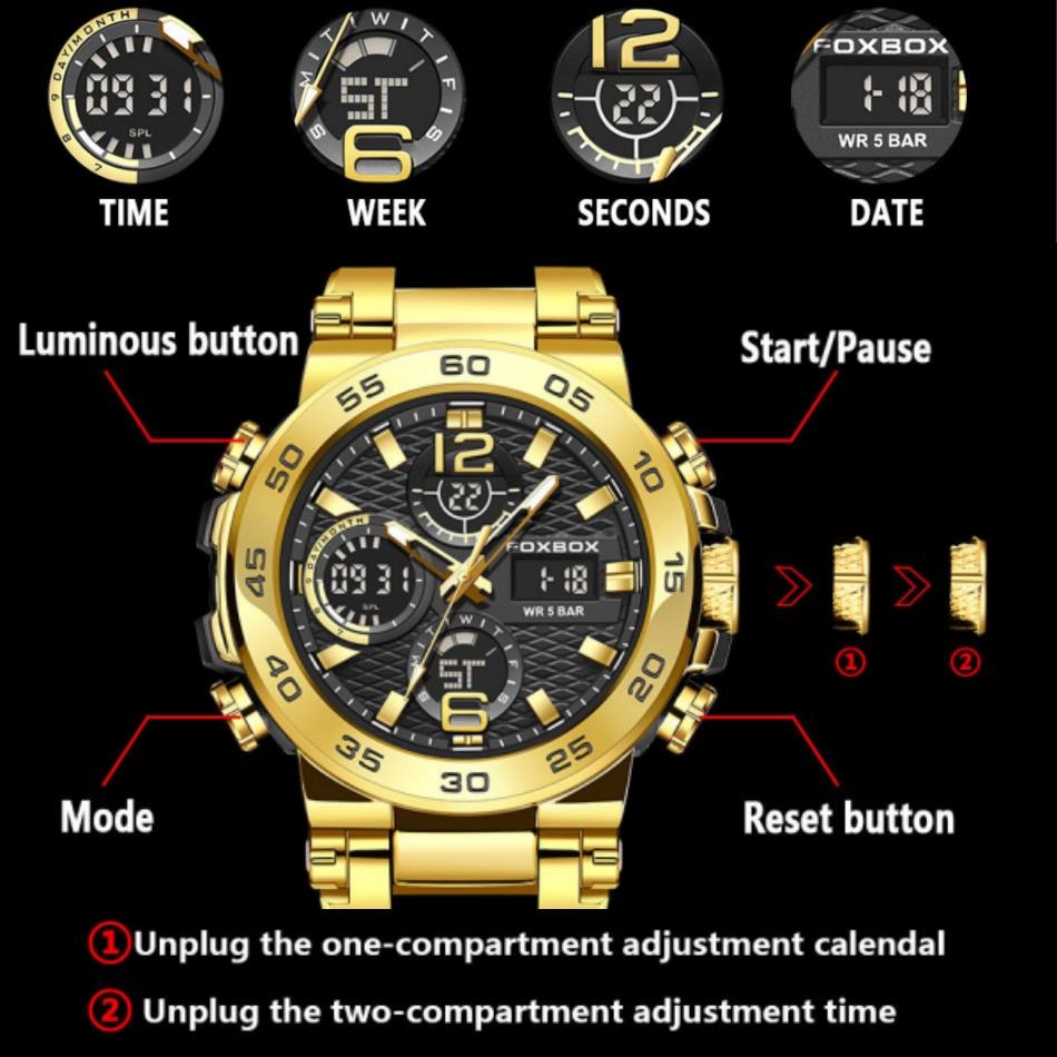 Vanntett LCD Dobbelvisning Kvarts Armbåndsur Multifunksjonell Elektronisk Klokke for Menn Sport Silikonklokker