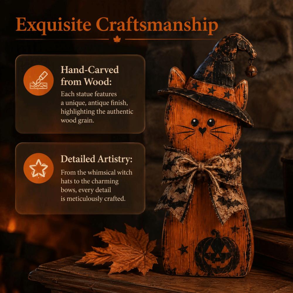 Rustic Witch Cat Decor Double Side Desktop Decoration Wooden Halloween Figurine Indoor Decor