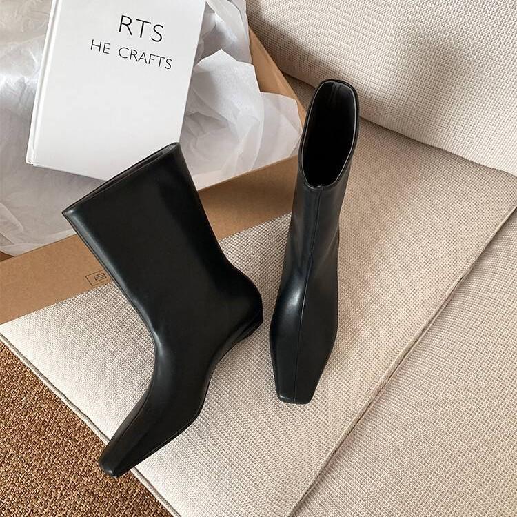 British-Style Ankle Boots - Autumn 2024 Cowhide Square Toe, Low Heel, Slim European-American Workwear