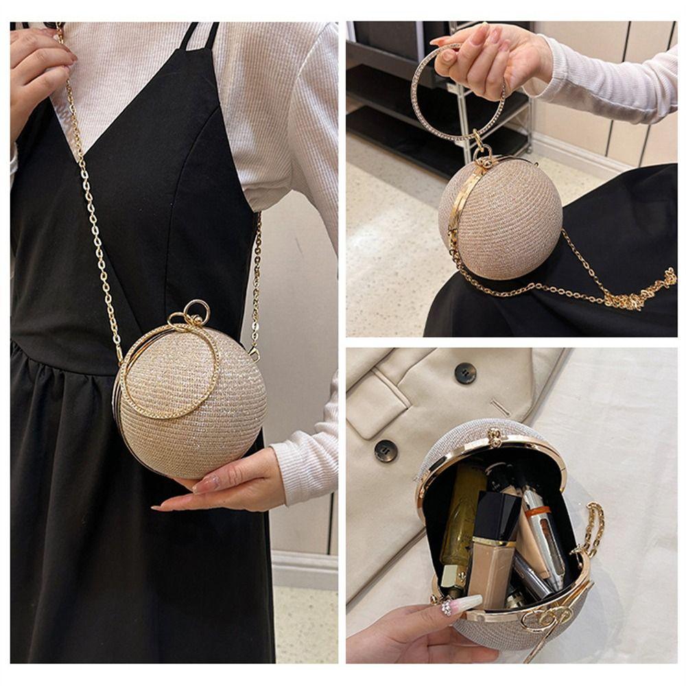 Luxury Circular Evening Bag Gold Bright Silk Rhinestone Decorative Chain Shoulder Bags Handbags Wedding Party
