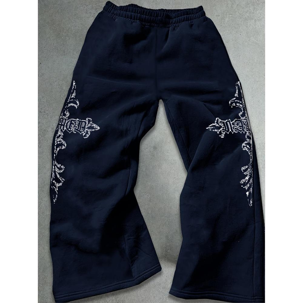 Herren-Sweatpants mit weitem Bein und weißen Flammen-Tribal-Abstrakt-Prints, Kordelzug, lockere Passform, Urban Street Style, inspiriert von Y2K