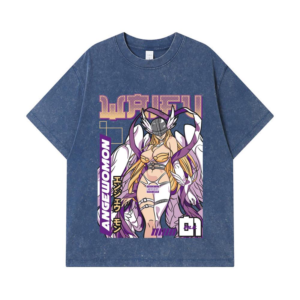 275 GSM Washed T-shirts 100 Cotton Digimon V9 Angewomon Waifu Print Unisex Heavy Cotton T Shirt 2XL королевский синий 2200₽