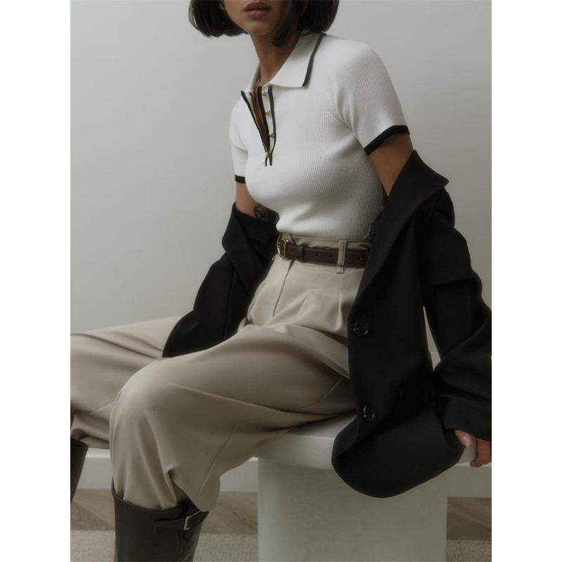 Strickpullover Pullover Damen Kurzarm Patchwork Schlankes Revers Elegantes Kontrast Stricktop Weiblicher Skinny Ripppullover