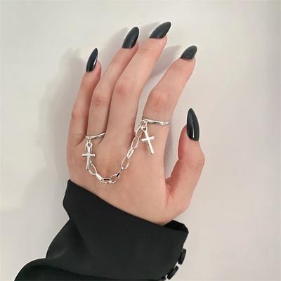 Retro Chain Connected Cross Adjusted Open Ring For Women Punk Gothic Edgy  Trendy Party Cosplay Accessories Unisex Gift