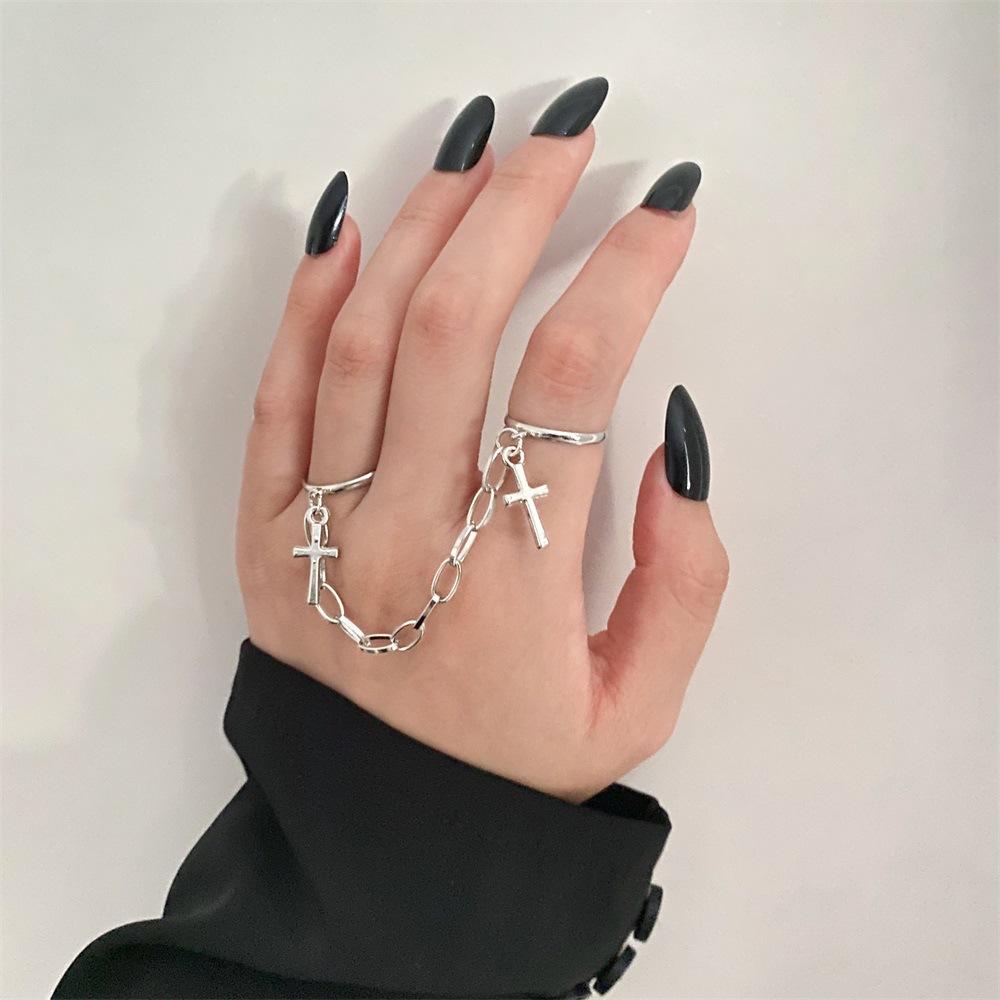 Retro Chain Connected Cross Adjusted Open Ring For Women Punk Gothic Edgy  Trendy Party Cosplay Accessories Unisex Gift