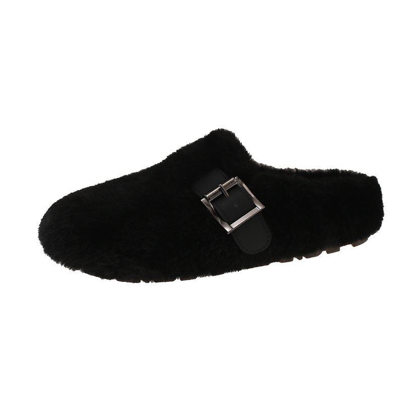 One Pedal Velvet Autumn and Winter 2025 Flat-bottomed Fluffy Slippers for Women To Wear the New Giant Mary Jane Cotton Drag French Style Looks Good