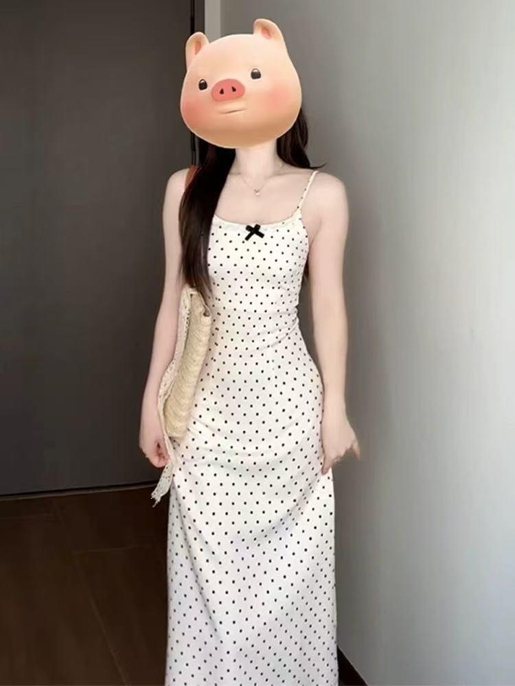 French suspender polka dot dress women's summer new beautiful temperament waist wear with small skirt