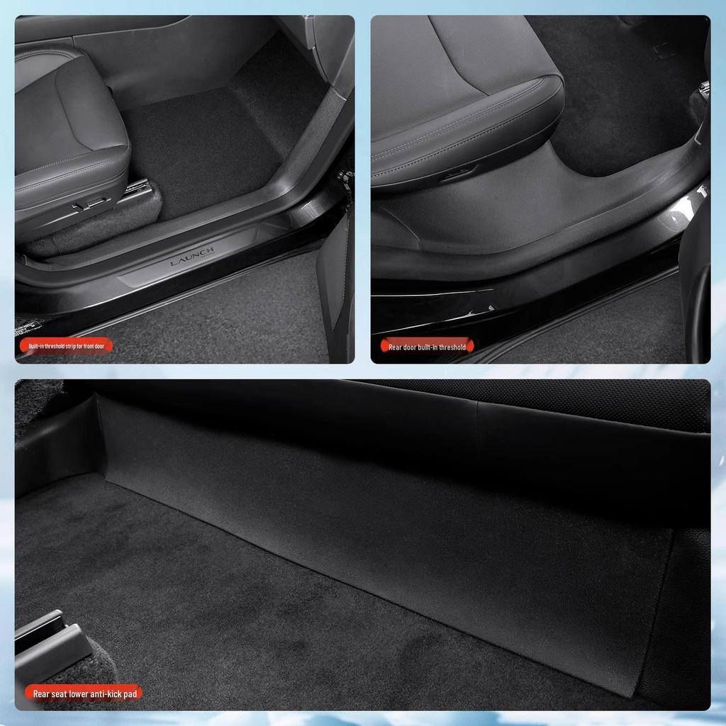 Tesla Model Y Molded Sill Strip with Built-in Under-Seat Corner Protectors - Anti-Kick Accessory.