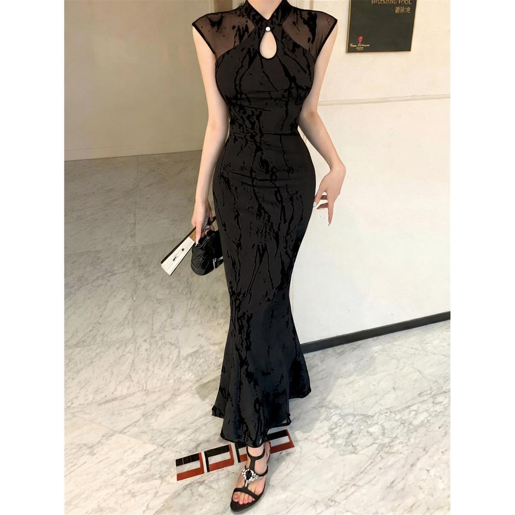 Sexy Wind Flocking Dress Women's Foot Bath Overalls Technician Long Dress 2026 New Temperament Slim Evening Dress