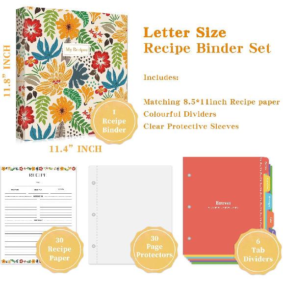 Recipe Binder 8.5" X 11" 3 Ring Full Page-Make Your Own Cookbook Binder with Plastic Page Protectors, Color Printing Paper and Full Page Dividers for