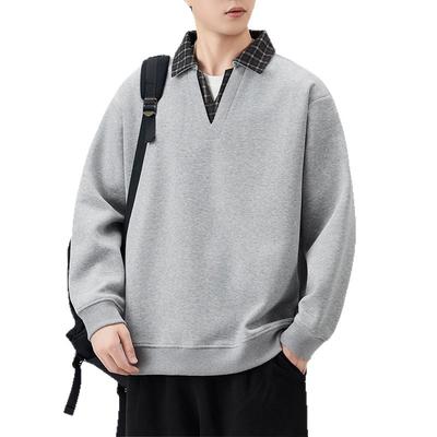 Herbst Neu Zweiteiliger Look V-Ausschnitt Pullover Herren Revers Patchwork Große Größe Vielseitig Langarm Top