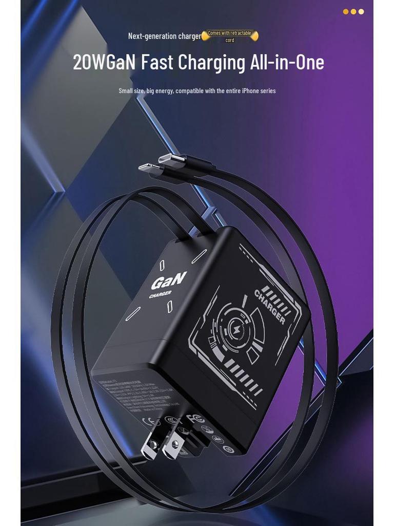 120W GaN Charger with Retractable Cable for Fast Charging Huawei and Apple Phones