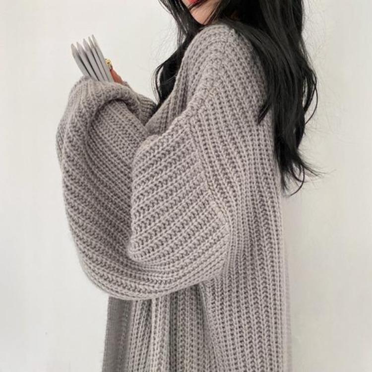 Women Knitted Cardigan Jacket V Neck Open Front Long Sleeve Solid Color Knit Sweater Coat Daily Wear