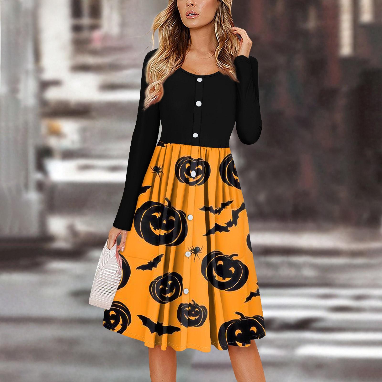 

Женский повседневный модный сексуальный удобный сарафан с пуговицами, длинными рукавами и карманами, платье с принтом на Хэллоуин M оранжевый