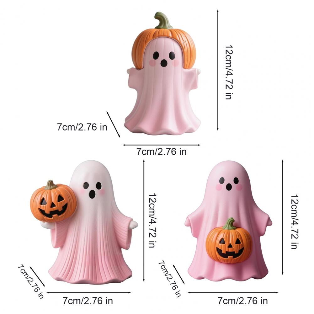 Halloween Ghost Ornament Mini Ghost Statue Pink Halloween Ghost Figurine Set with Pumpkin Decoration Resin Tabletop Decoration