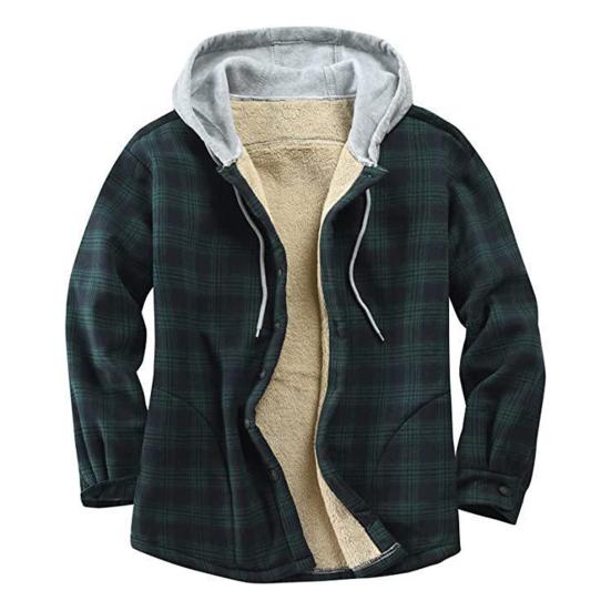 Winter Men Jacket Plaid Buttoned Coldproof Loose Plush Lining Hooded Jacket Outwear