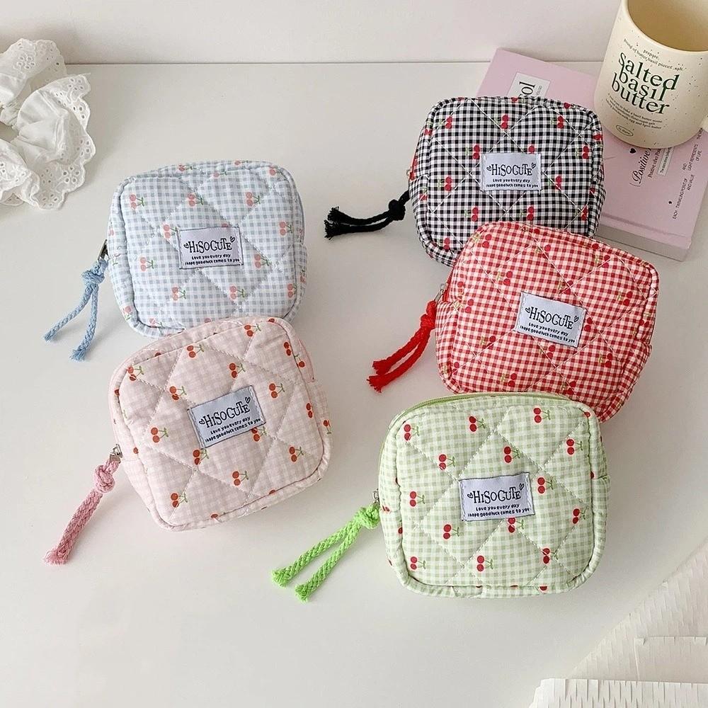 Cute Design Korean Cherry Pencil Case Large Capacity Cloth Plaid Pen Bag  Children