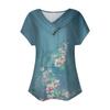 Women's Fashion Casual V-Neck Short Sleeve T-Shirt Pleated Printed Button-Up