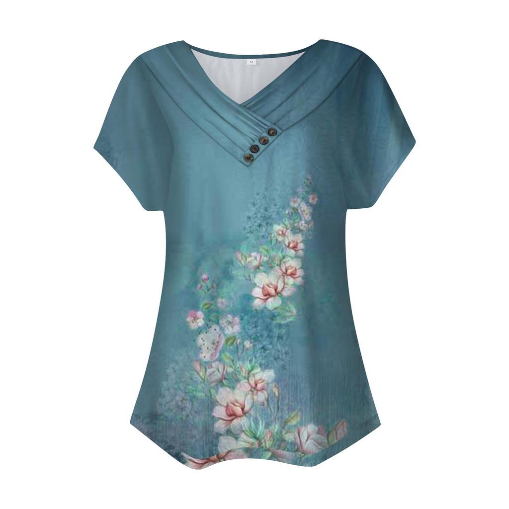 Women's Fashion Casual V-Neck Short Sleeve T-Shirt Pleated Printed Button-Up