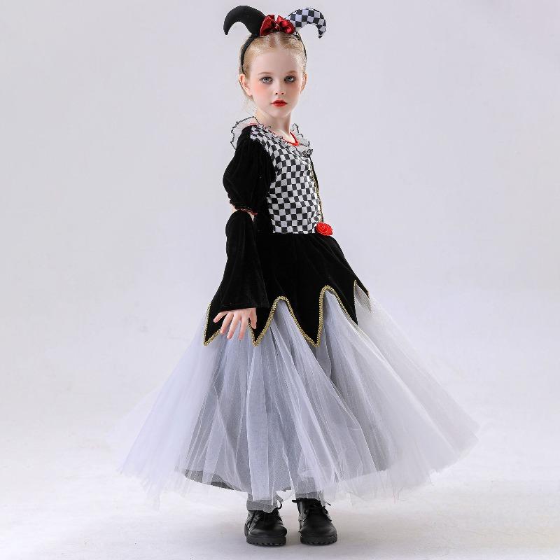 hildren's oker ueen lack and hite Plaid ress Clown Dress Princess Dress alloween Costume