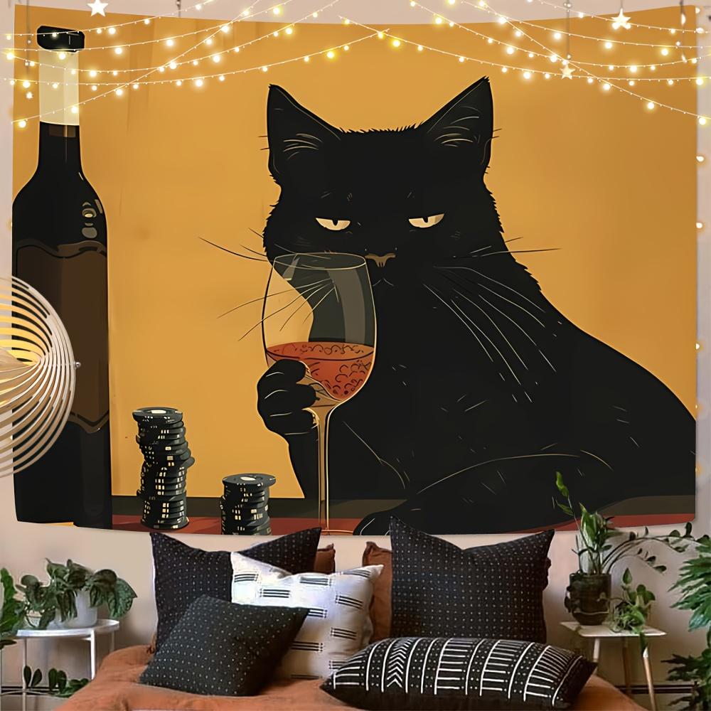 Retro Cool Black Cat Wine Tasting Tapestry Funny Illustration Style Cat Hanging Cloth Room Decoration 100X70CM