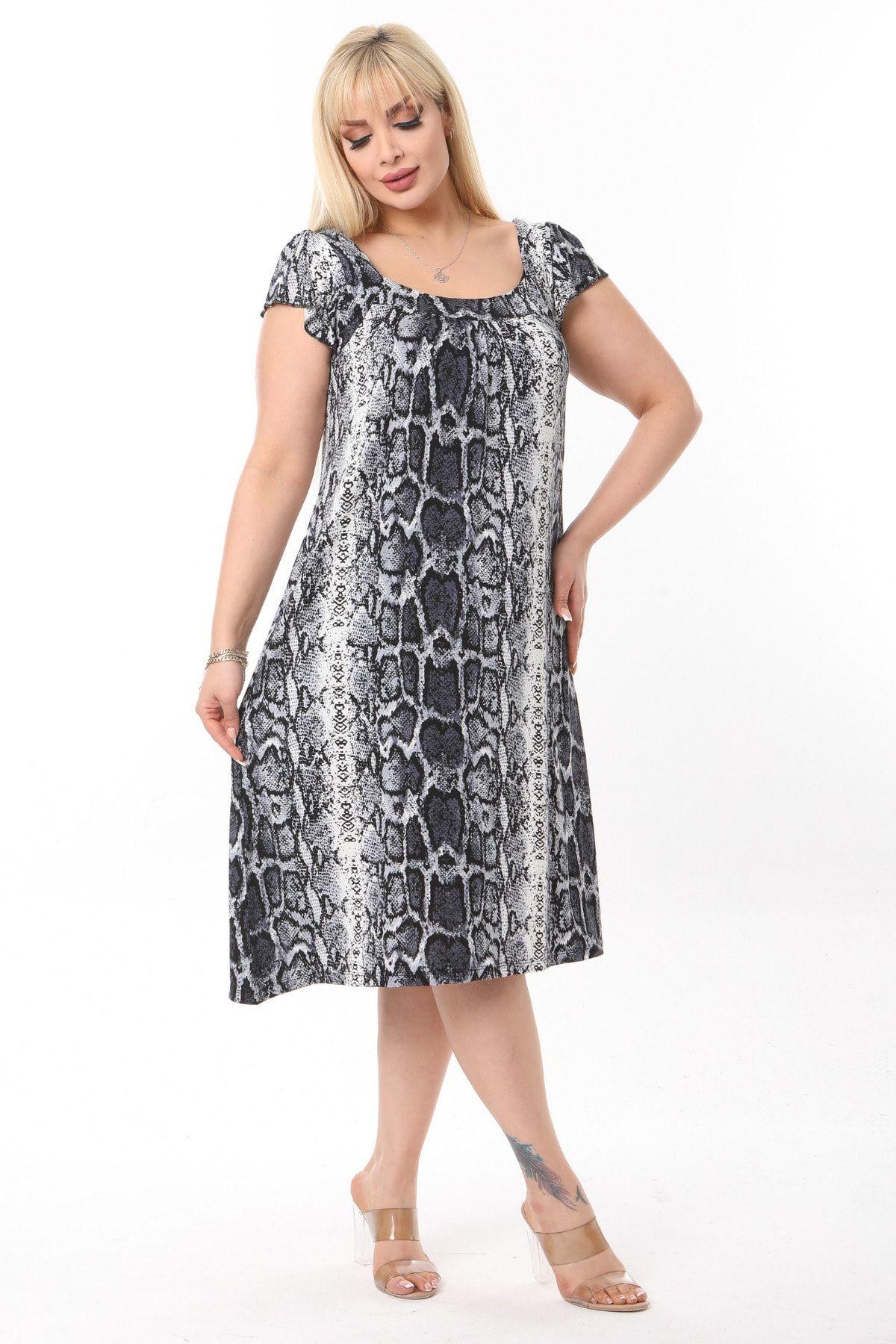 

Women s Big Size Dress Low-cut Back Detailed Gray Snake Pattern Midi Dress