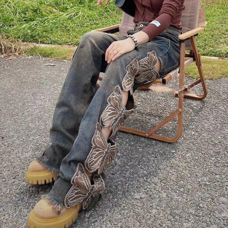 Vintage Trendy High Waist Embroidered Ripped Loose Floor Butterfly Hollow Wide Leg Jeans for Women