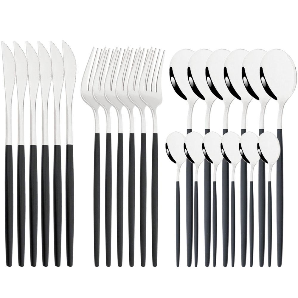 JANKNG Western 24pcs Dinnerware Set Stainless Steel Cutlery Set Black Knife Fork Spoon Silverware Set Flatware Set Tableware Set