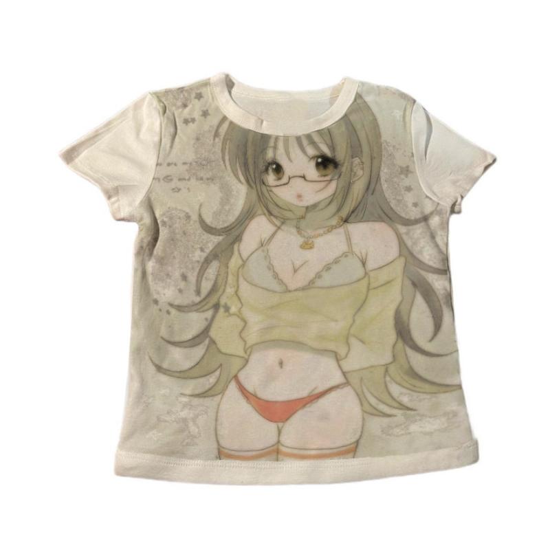 

Европейский и американский Y2K Персонализированный мультяшный аниме принт Круглый вырез Женский летний модный топ S