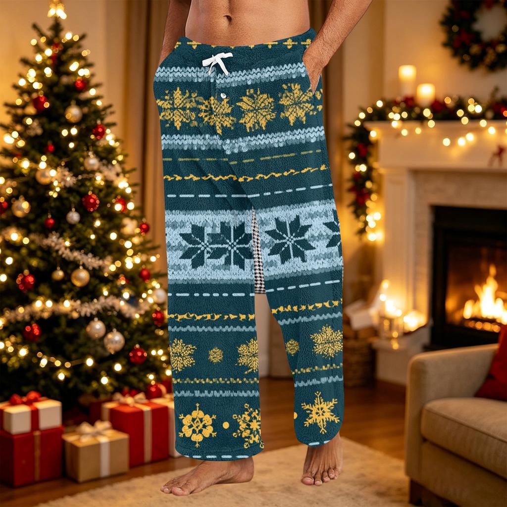Men's Casual Christmas Print Plush Pajama Pants Sleepwear for Holiday