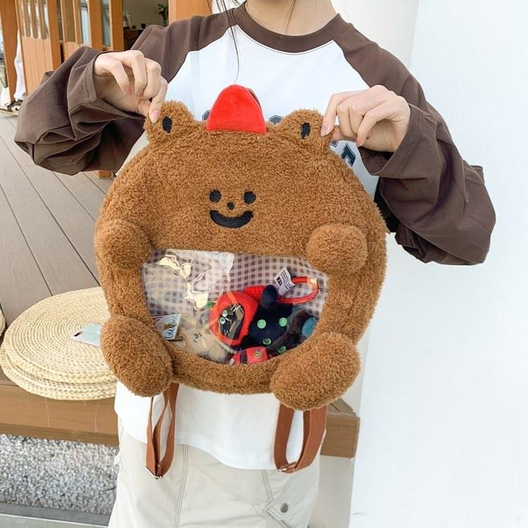 And Cute Furry Bear Plush Backpack With Transparent Layer For Carrying Badges