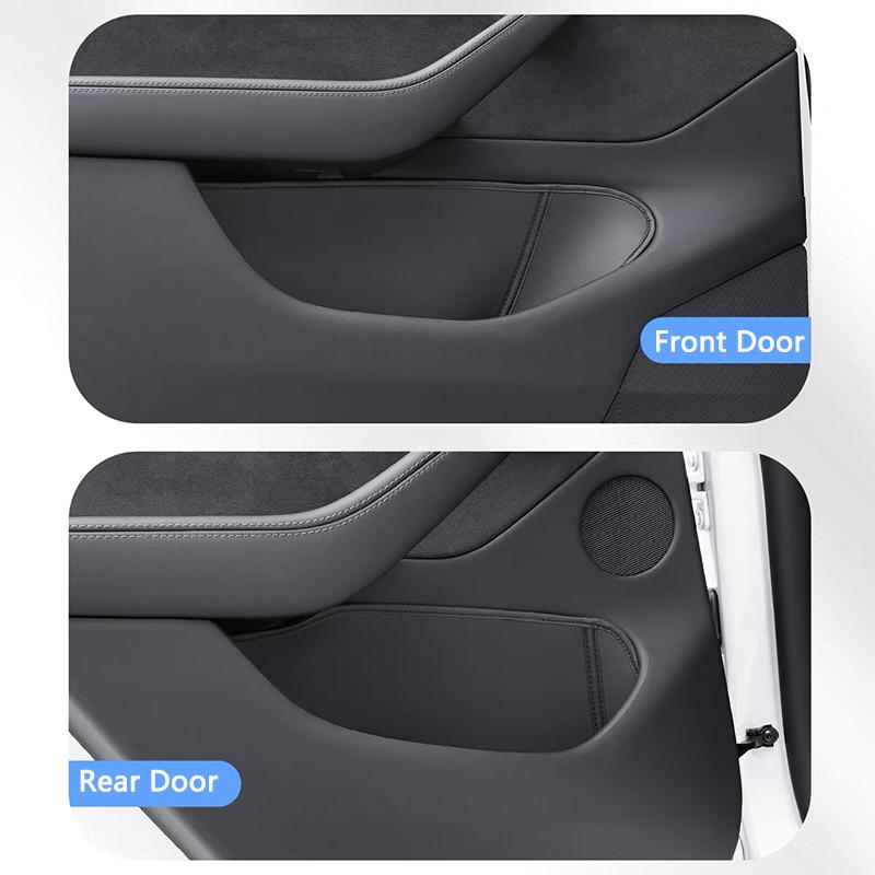 Car Door Side Storage Box For Tesla Model Y Juniper Leather Full Cover Front Rear Door Handel Pocket Organizer Tray Accessories