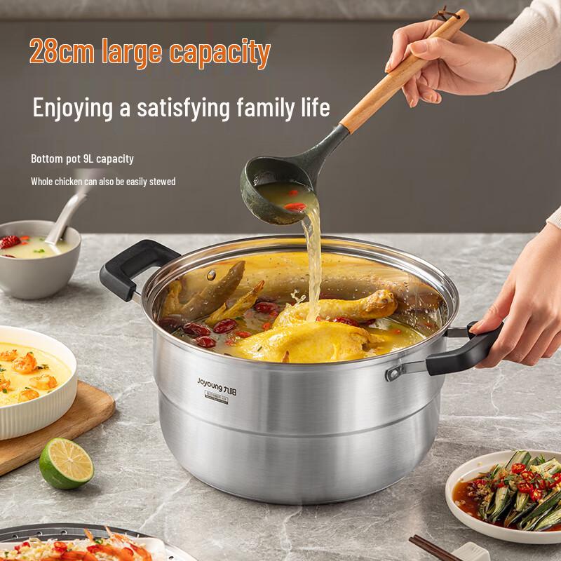 Joyoung 304 Stainless Steel Double-Layer Steamer Pot with High Arch Lid, 28cm