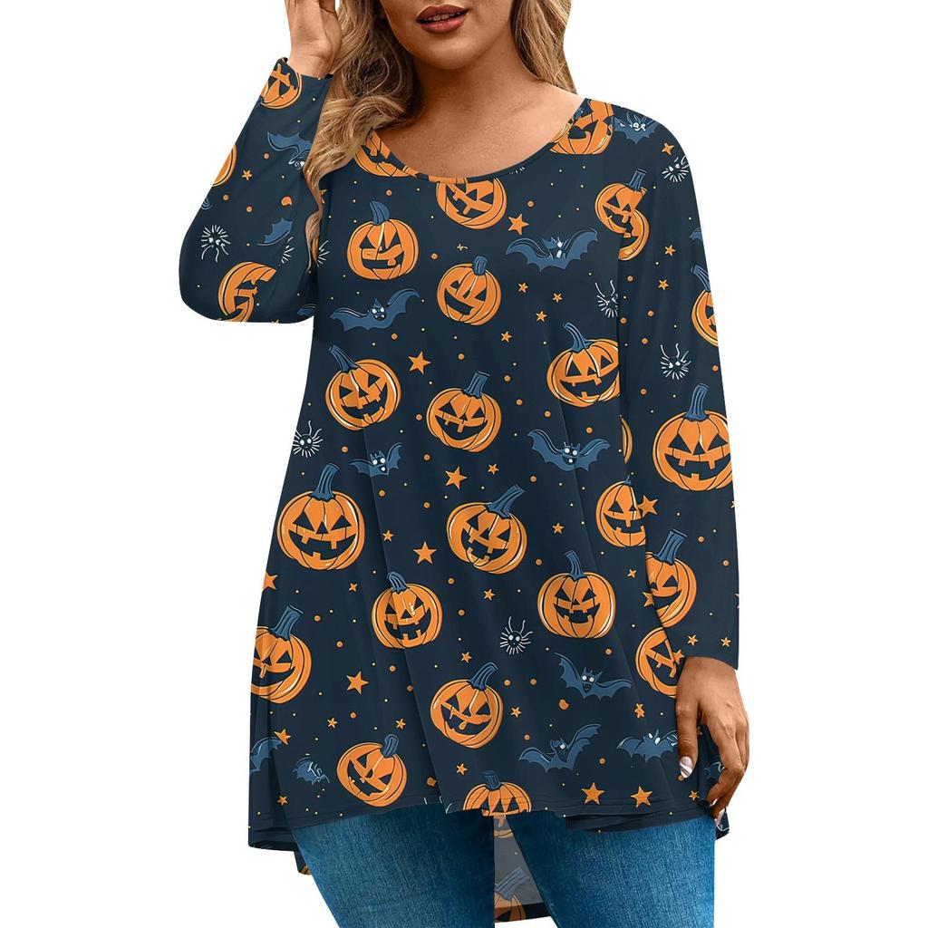 Women's Fashion Large Size Round Neck Long Sleeve Casual Halloween Print Loose Pullover Top