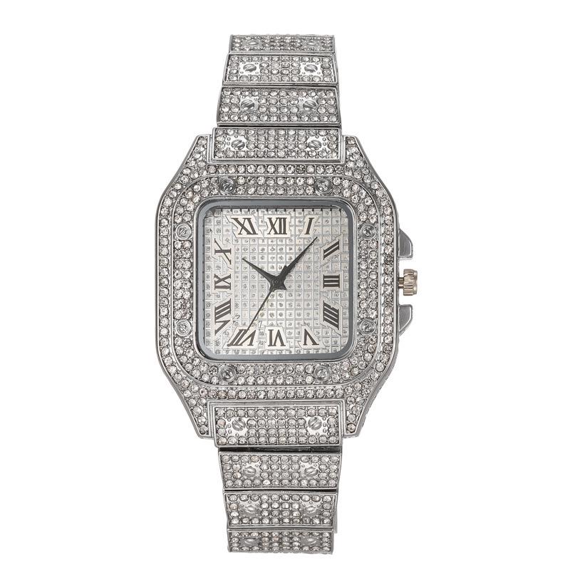 Hot-Selling Gold Alloy Steel Band Watch with Large Square Dial, Roman Numerals & Rhinestones