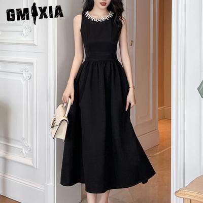 Black Dress Women's Long Summer Elegant Herben-style Sleeveless Beaded A-line Skirt