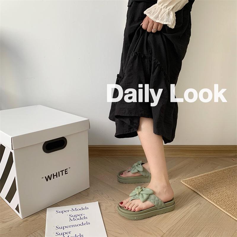 Cute Women Summer Wave Point Bow Slippers Outer Wear Fashion Thick-soled Indoor Herringbone Home Sandals Beach Shoes