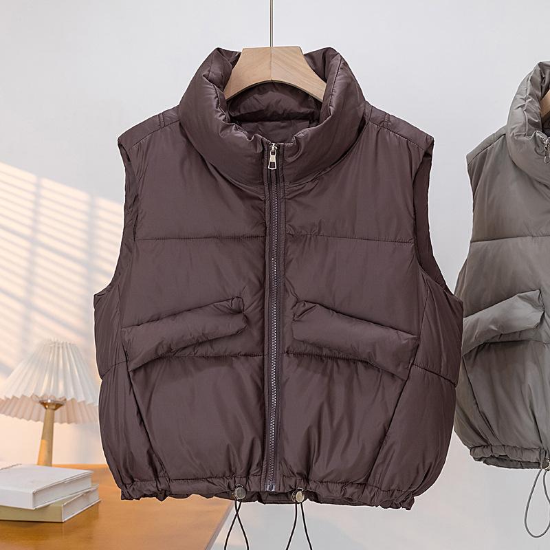 

Новый зимний хлопковый жилет для женщин, воротник-стойка, короткий жилет, теплый жилет для невысоких людей, модный хлопковый жилет L кофейный