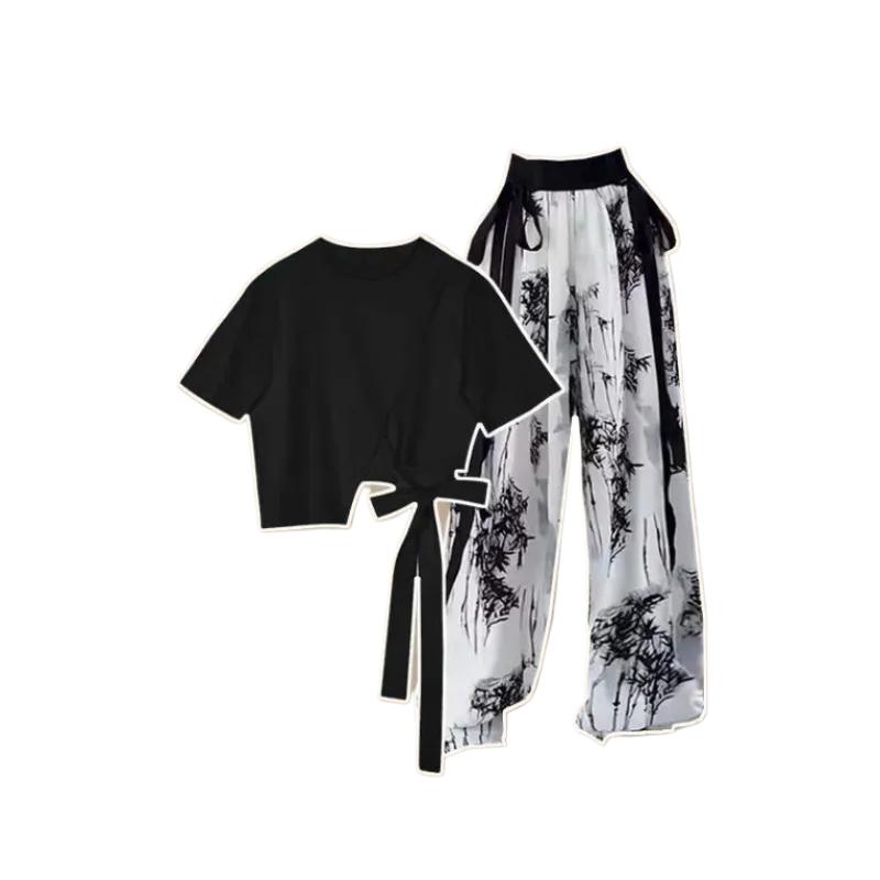 Women's Summer Short Sleeve Matching Set Korean Loose Irregular T-shirt Top+Ice Silk Wide Leg Pants Two Piece Suit