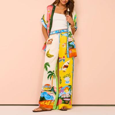 2 Pcs/Set Women Shirt Pants Set Hawaii Vacation Style Colorful Print Single-breasted Short Sleeve Lapel Top High Elastic Waist Wide Leg Trousers
