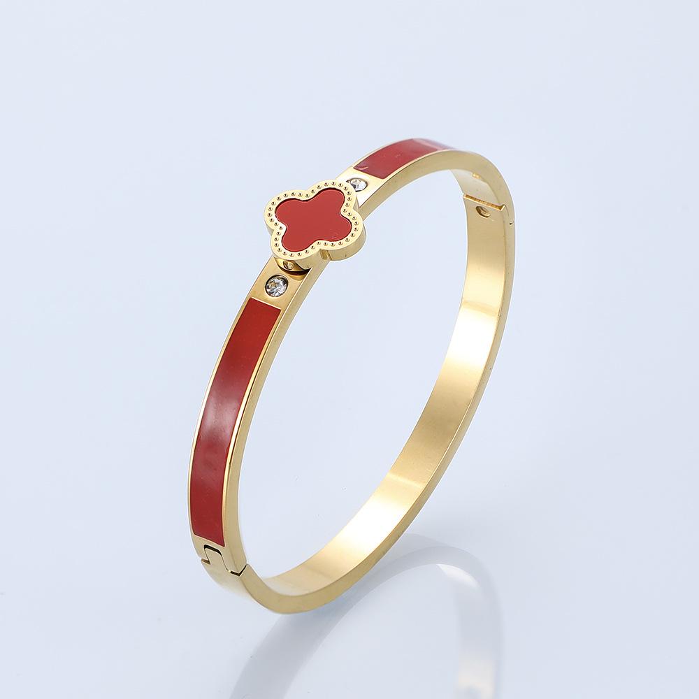 Four-Leaf Clover Bracelet & Ring Set: Titanium Steel, Oil Drip Diamond, Available In Black, White, Red, & Green