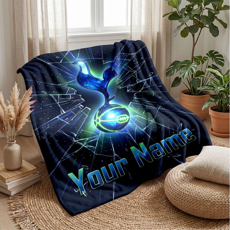 Tottenham Hotspur FC Custom Name Text Flannel Blanket Soccer Logo Personalized Fleece Throw Blanket Special Gift For Sofa Bedroom Home