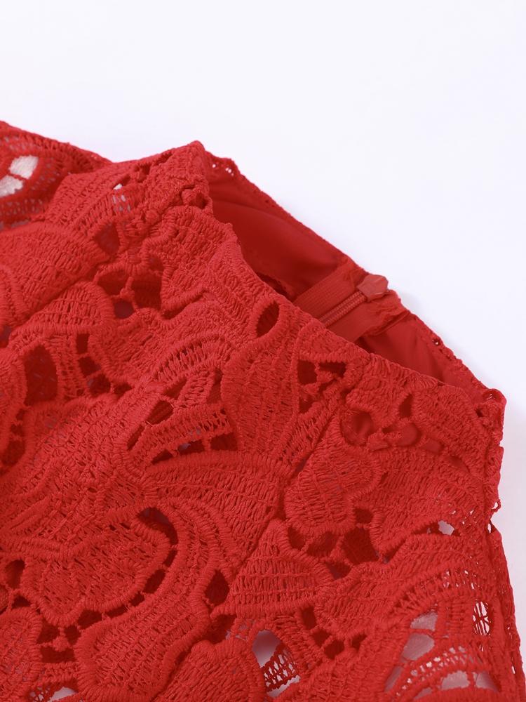 Damen Langarm Durchsichtiges Kleid Damen Blumen Ausgehöhlt Stehkragen Kleid Weihnachtsfeier Geburtstag Rotes Kleid 2025