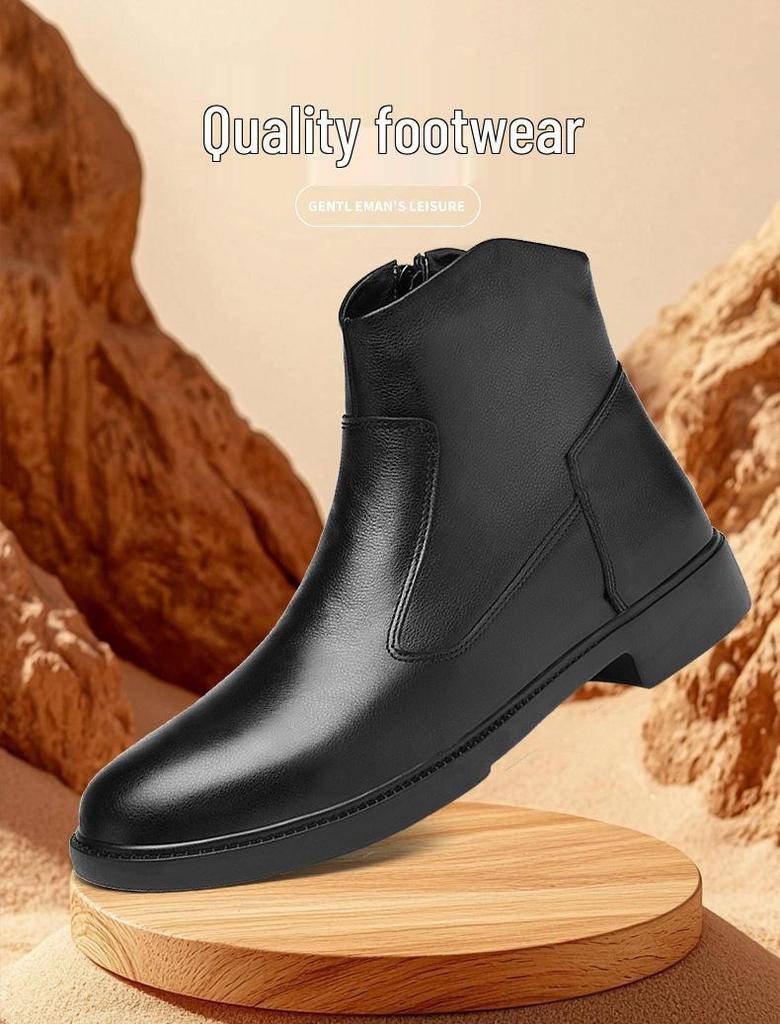 Men's Genuine Leather High-Top Boots with Side Zip and Plus Velvet Lining: Autumn/Winter Fashion Slip-On Shoes