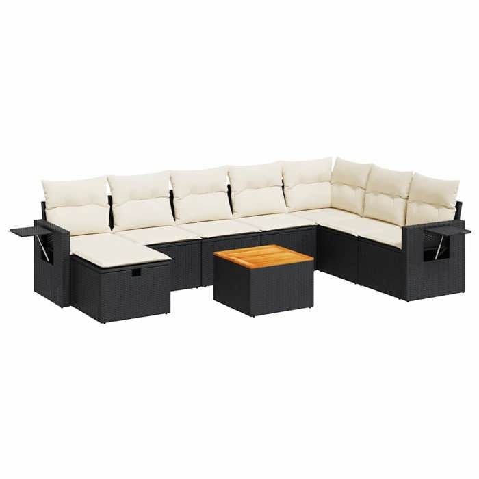 VidaXL Salon de jardin 9 pcs avec coussins noir résine tressée, ensemble de canapés d'extérieur, ensemble de canapé d'angle 3325829