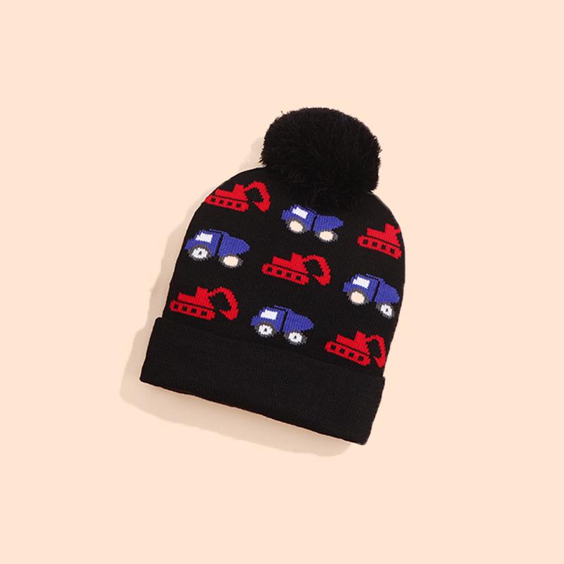 Unisex Cartoon Excavator Wool Pom-Pom Knit Hat for Kids - Warm Autumn Winter