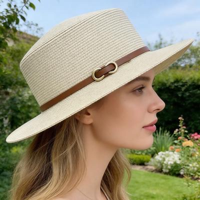 Panama Hat Women Men Faux Leather Buckle Straw Sun Hat French Style Flat-Top Style Wide Brim UV Protection Beach Hat