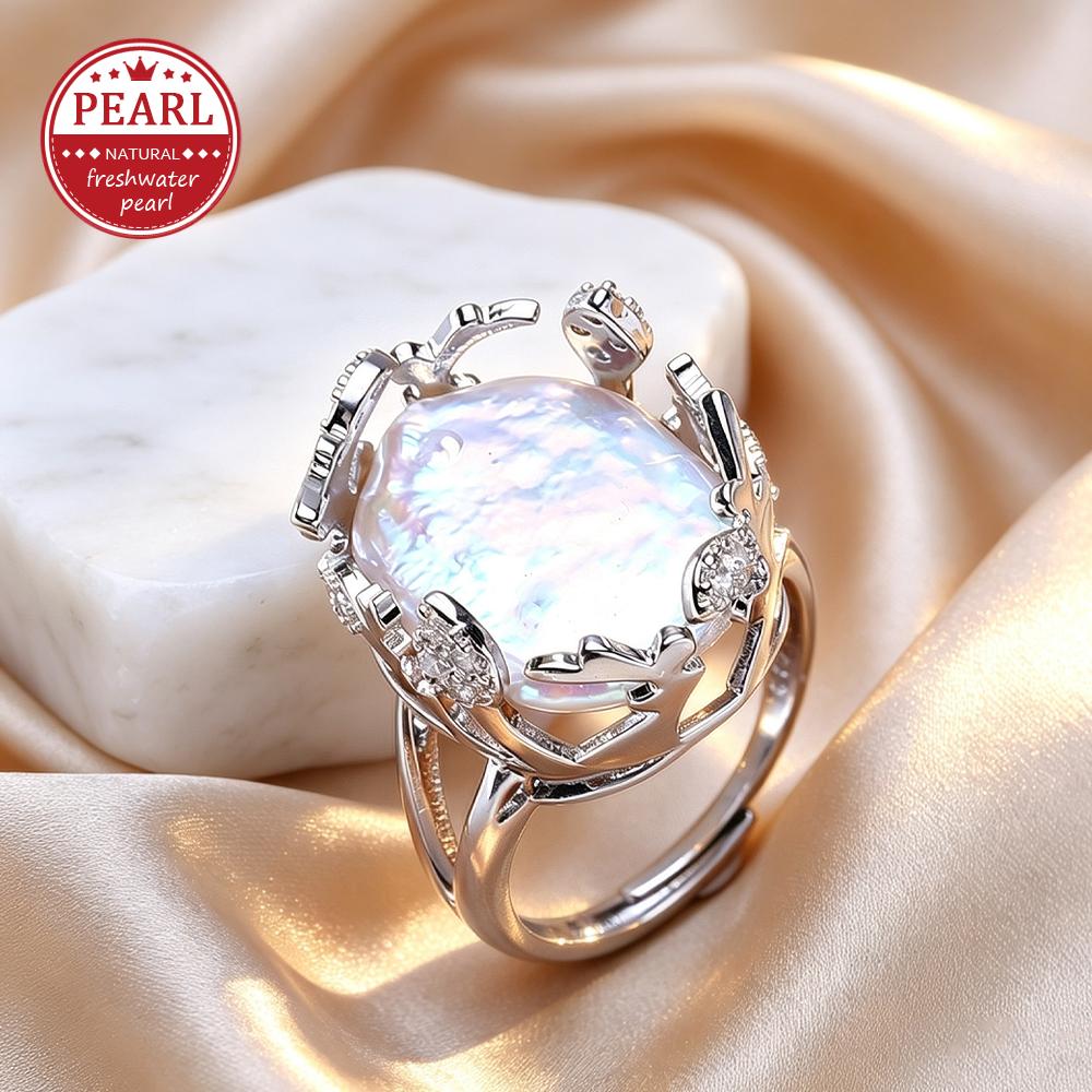 LSOOYH Süßwasser Große Barockperlen Ringe Für Damen Klassisch Silber Gold Farbe Party Ring Perlen Schmuck