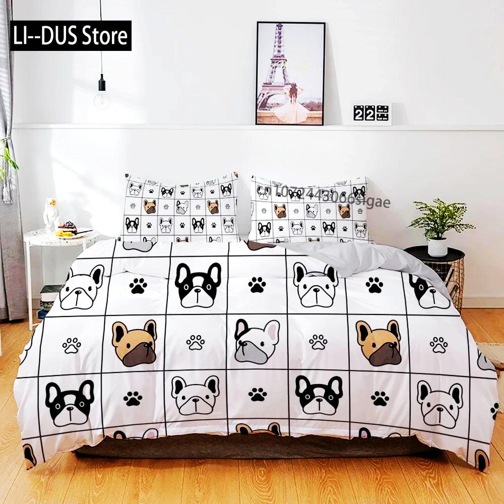 

3D комплект постільної білизни для собак. Милий французький бульдог. Щеня. Комплекти підодіяльників. Покривало з мультфільмом. Домашні тварини. Домашній текстиль. Queen 2/3 шт. King Full. EU Single(135*200cm)3pcs